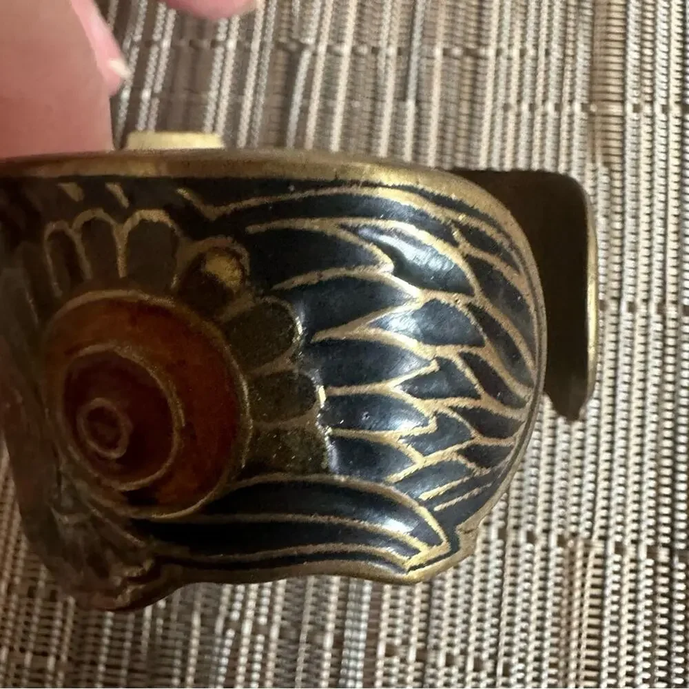 Vintage Brass Owl Cuff Bracelet Enamel India  * flaws 60s 70s 80s